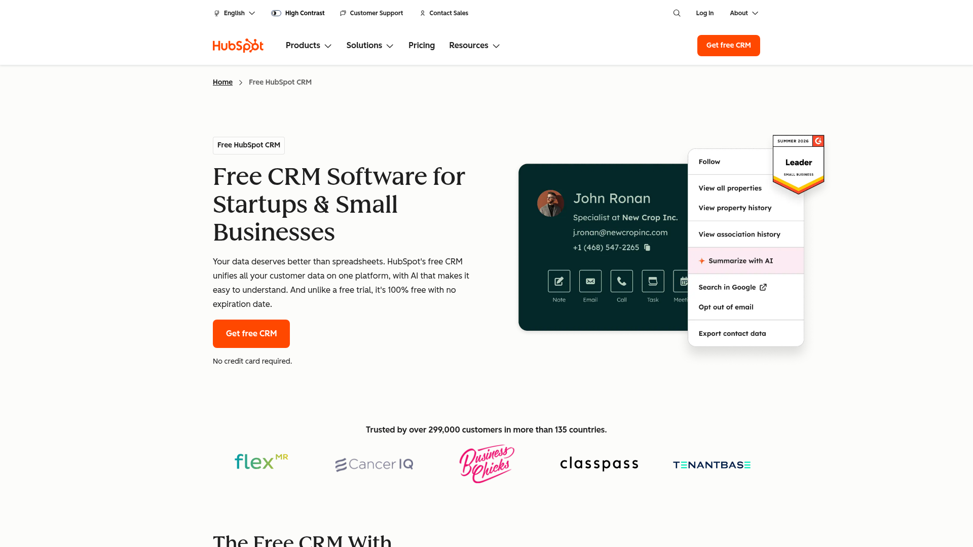 Screenshot of https://www.hubspot.com/products/crm cited by Gemini