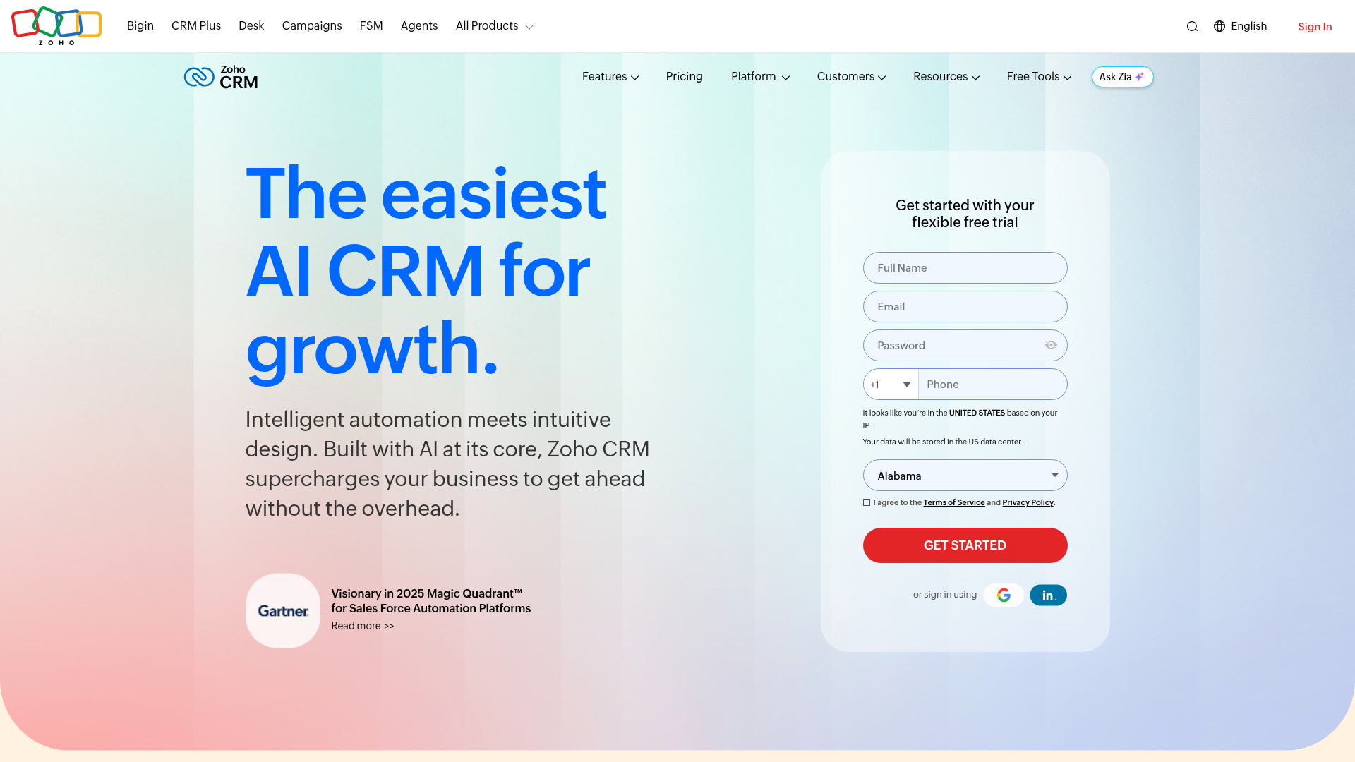 Screenshot of https://www.zoho.com/crm/ cited by Gemini